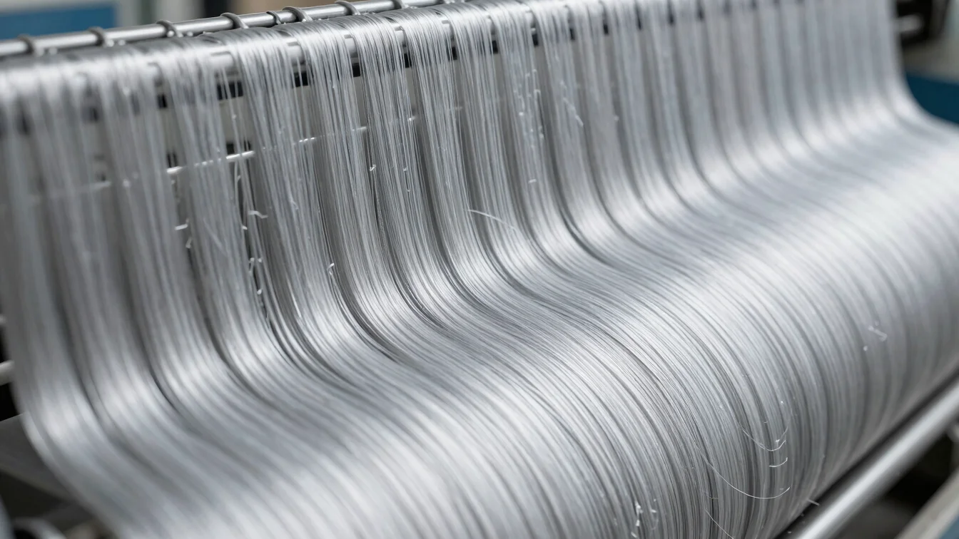 Close-up of blended silk fibres being fed into industrial spinning machinery, cool silver highlights, clean studio light