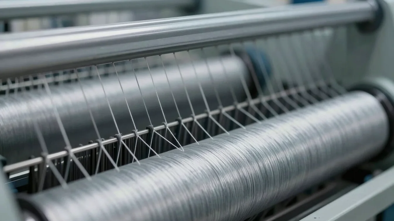 Close-up details of thread tension on modern spinning machinery, cool silver highlights, clean studio lighting, high con