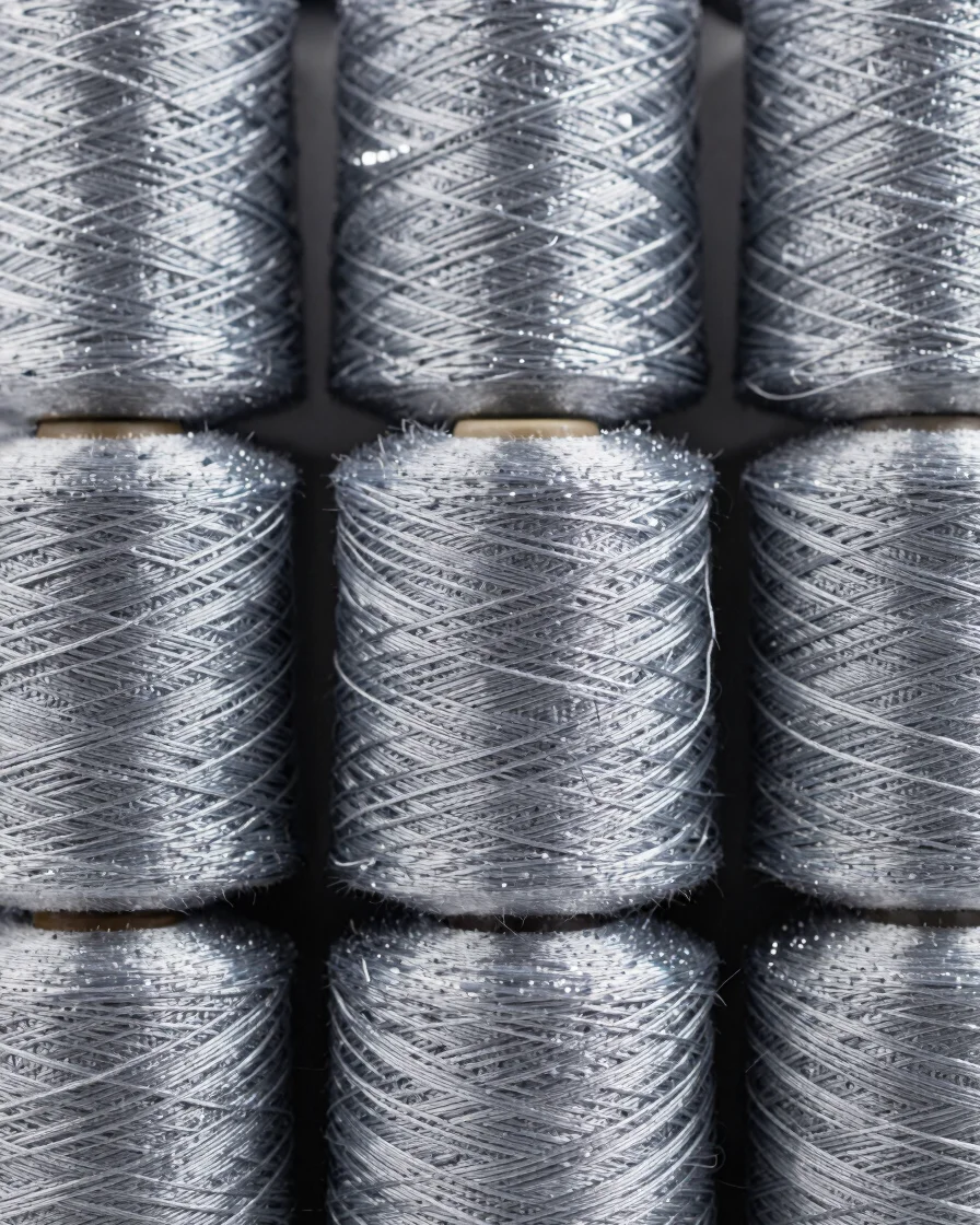 Sharp macro close-up of neatly stacked spools of blended silk yarn, cool studio lighting, shallow depth of field, metall