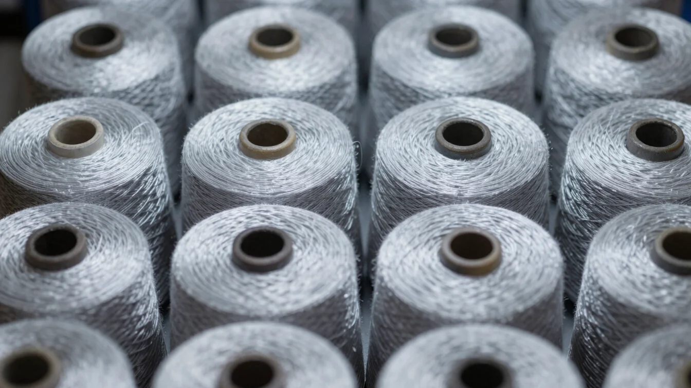 Macro close-up of neatly stacked spools of pure spun silk yarn, c