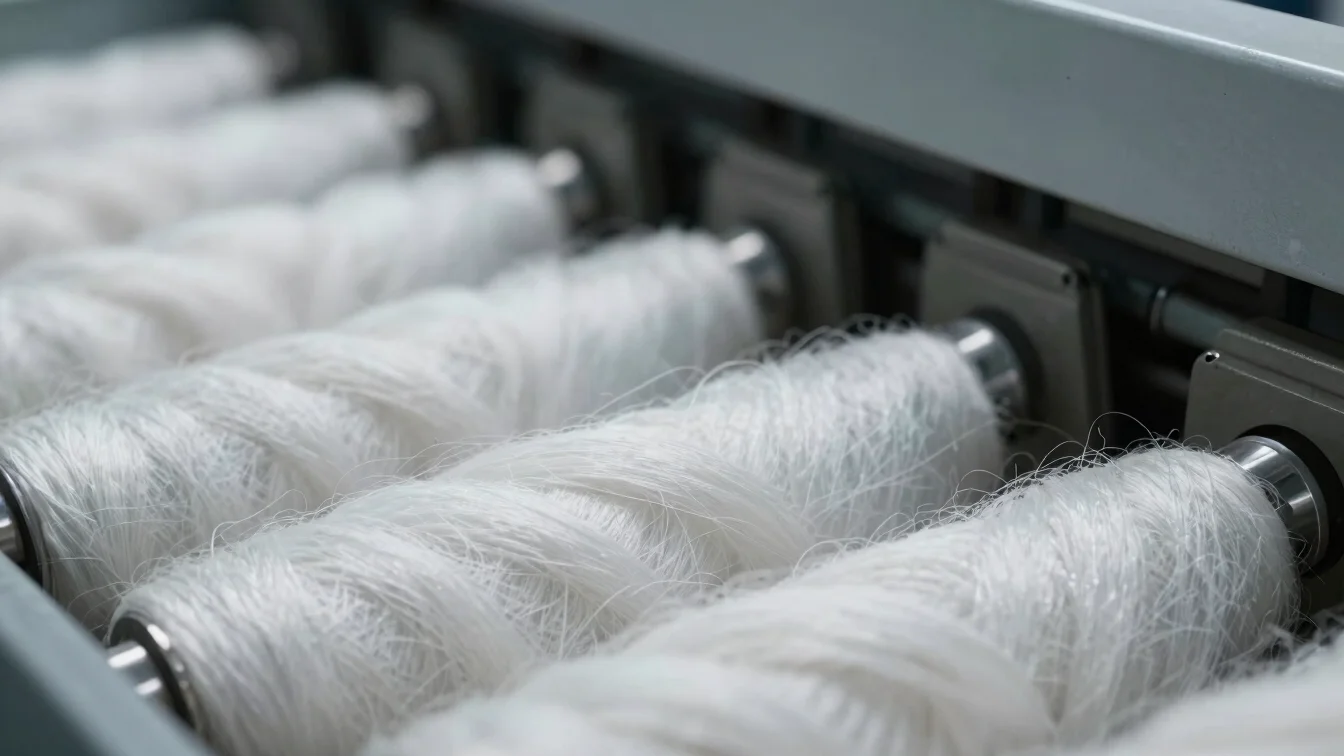 Close-up of clean fibre preparation equipment with raw silk strands, cool studio lighting, high contrast texture, shallo